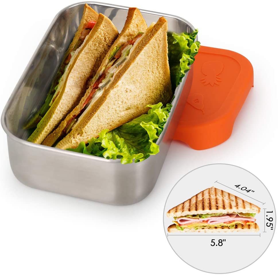 Stainless Steel Lunch Container, 28 oz Leak Proof Lunch Box Set with Orange Food Grade Silicone Lid and 6 Muffin Cups