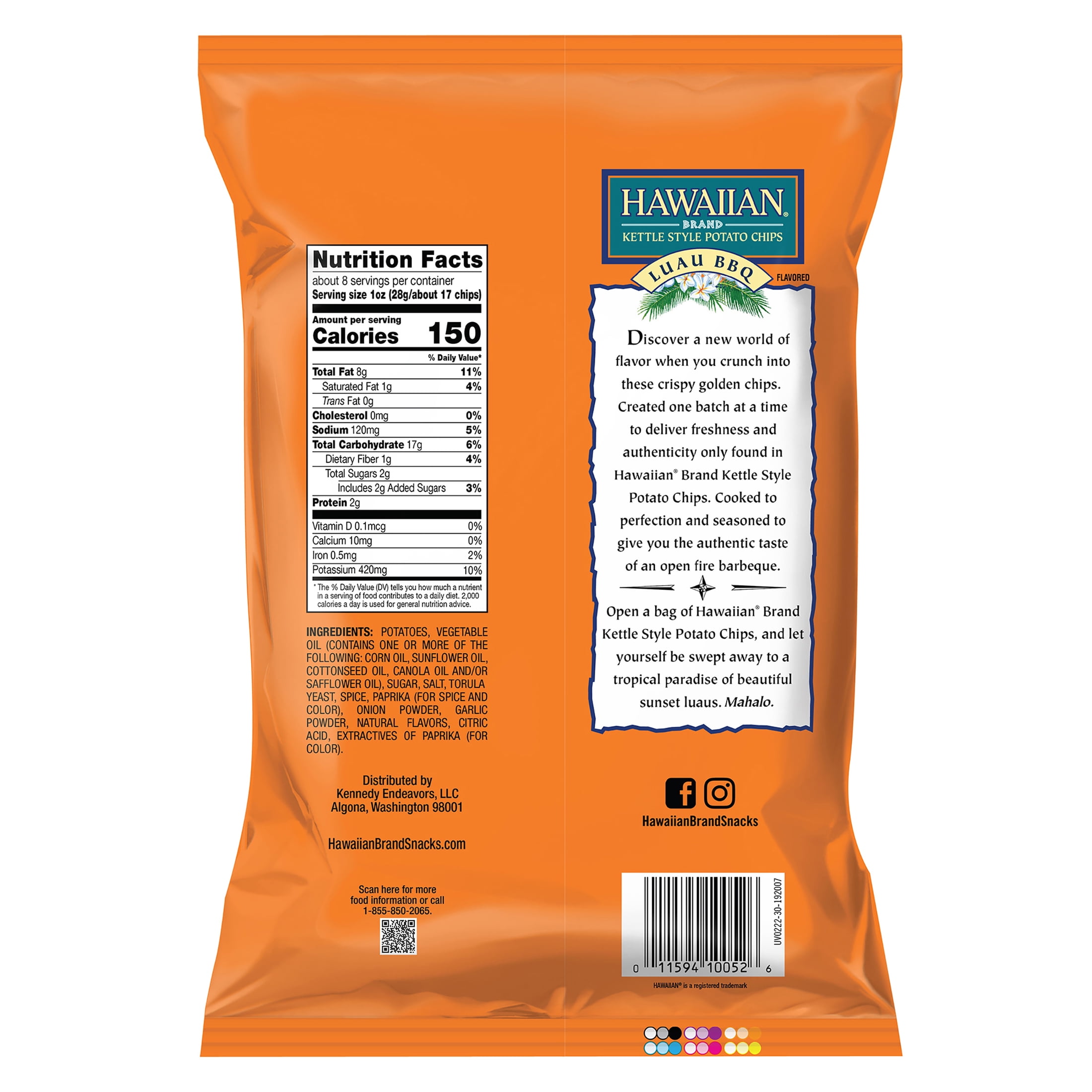 (4 pack) Hawaiian Brand Luau BBQ Kettle Style Potato Chips, Gluten-Free, 7.5 oz Bag
