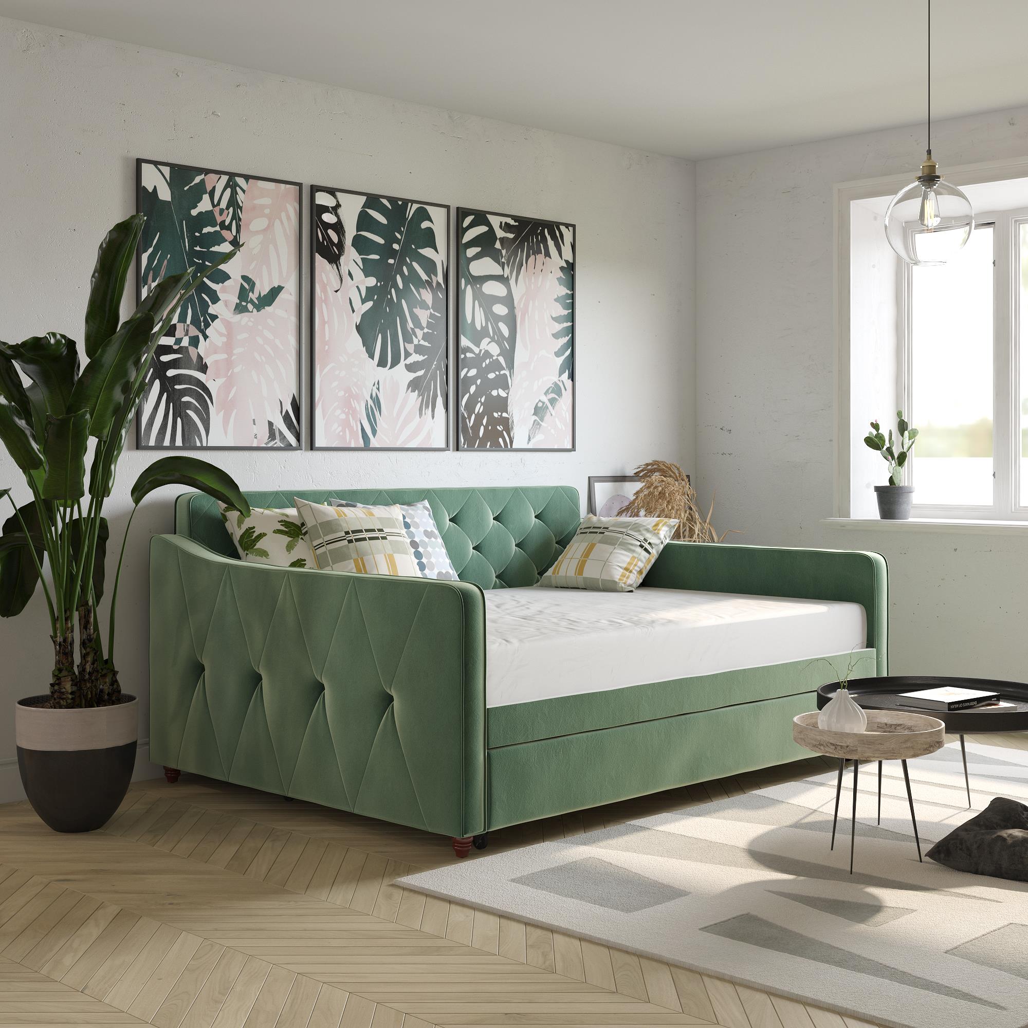 Novogratz Vintage Upholstered Full Daybed and Twin Trundle Set, Teal