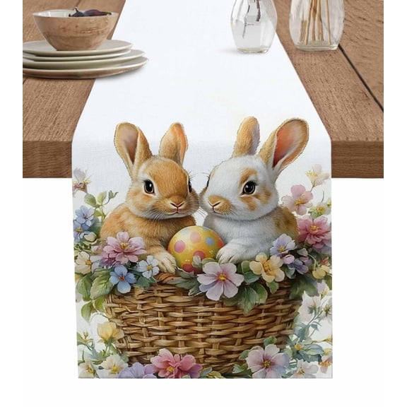 Spring Easter Bunny Table Runner 48 Inches, Colorful Eggs Botanical Floral Bed Runner Dresser Scarves Tabletop for Indoor Outdoor Parties/Ceremony/Banquet, 13" x 48"