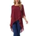 thumbnail image 1 of INSPIRAR CHIC Blusa de Chifón Asimétrica de Cuello Redondo para Mujeres con Mangas de 3/4 y Volantes, Color Rojo Vino, Talla S, 1 of 6