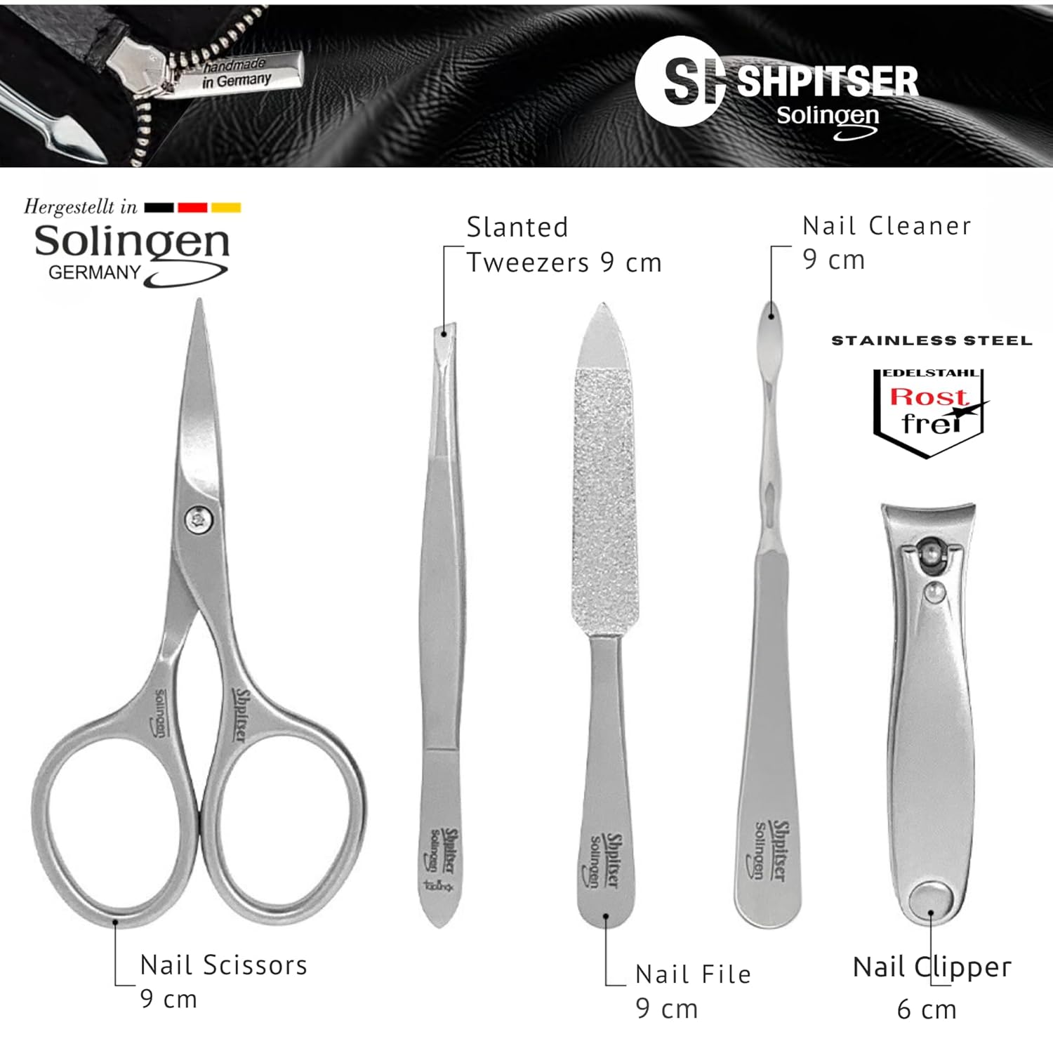 Shpitser Nail Kit, Manicure and Pedicure Women Set of 5 tools: Sharp Scissors, Clipper, Tweezers, Nail Cleaner, Nail File, Made in Solingen, Germany, Sturdy Stainless Steel, In Italian Leather Case
