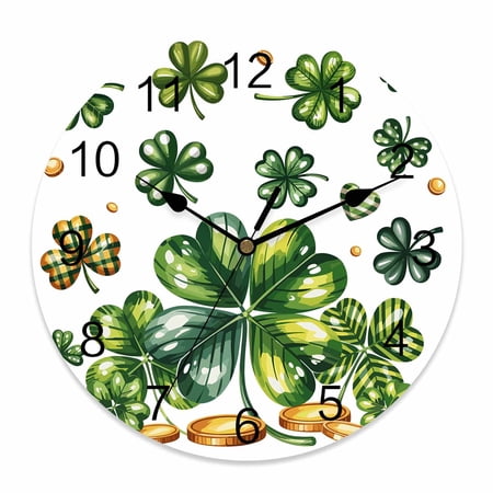 Large Wall Clock 12 Inch Clovers St. Patrick's Day Round Silent Decorative Wall Clocks Battery Operated for Living Room Bedroom Kitchen Classroom Decor, Rustic Green Shamrock Gold Coin