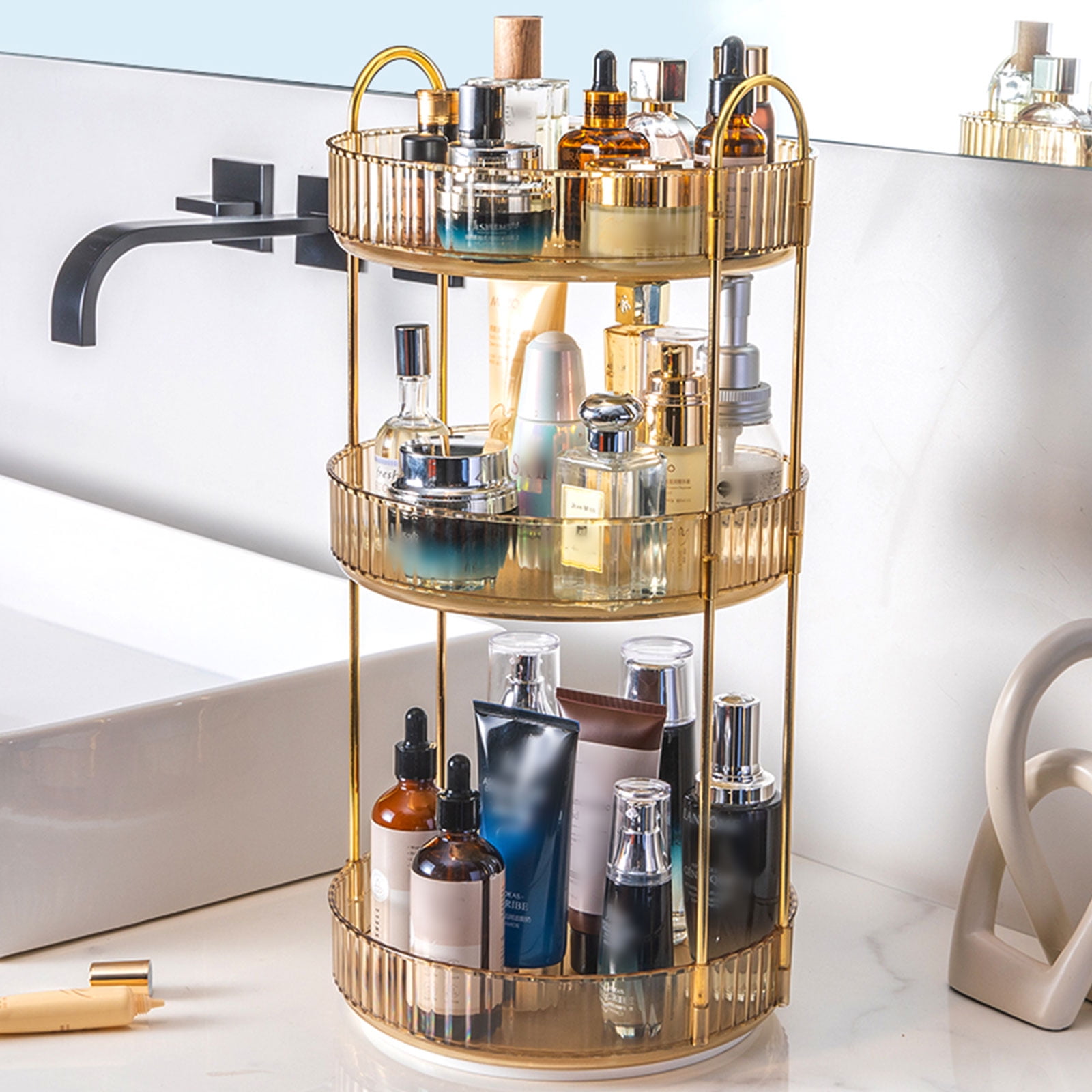 Unique Bargains 2 Layer Rotating Makeup Round Skincare Countertop Perfume Organizer Gold