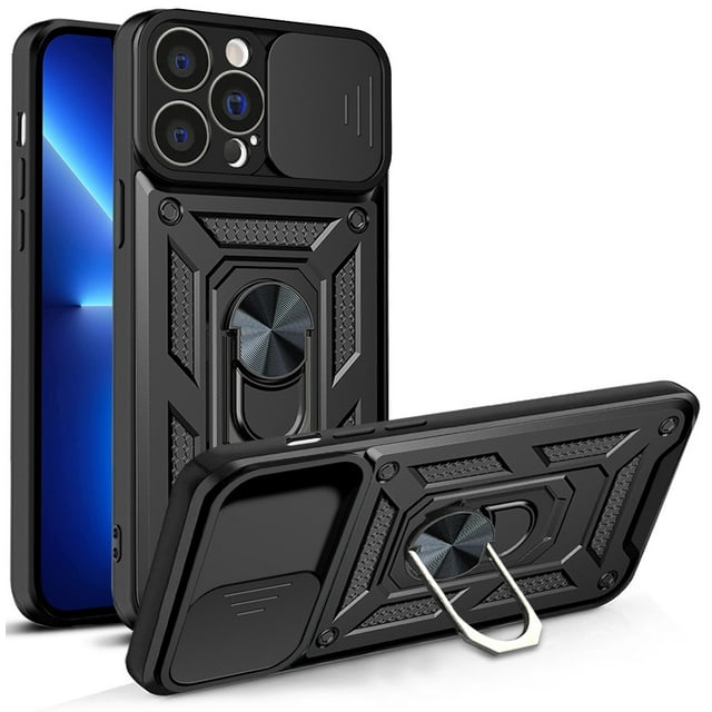 Negro Aplicable al estuche para iPhone 13 pro max con estuche y soporte para cámara deslizante, estuche magnético con soporte de anillo giratorio incorporado de 360 °