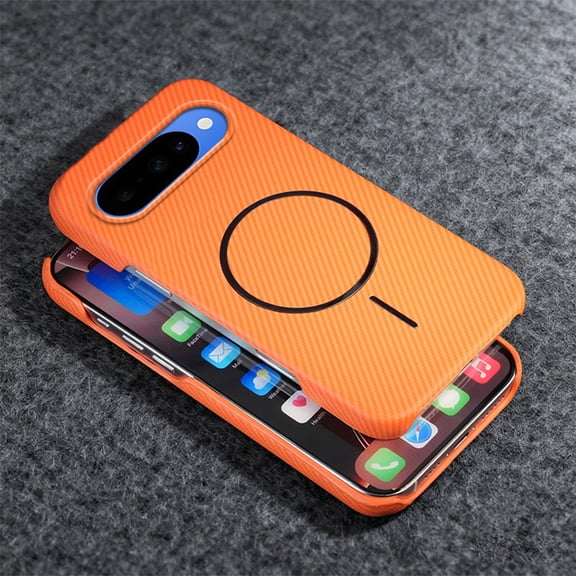ELEHOLD For Google Pixel 10 /10 Pro Mag Safe Case, Carbon Fiber Texture Slim Shockproof Rugged Hard PC Anti-Scratch Protection Cover Wireless Charging Compatible,Orange