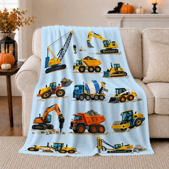 Playful Construction Vehicles Light Blue Illustrated Kids, Playful Artistic Scene, Warm Flannel Blanket for Living Room and Bedroom, Bird Lovers Valentine's Day Gift, Artistic Home Decor