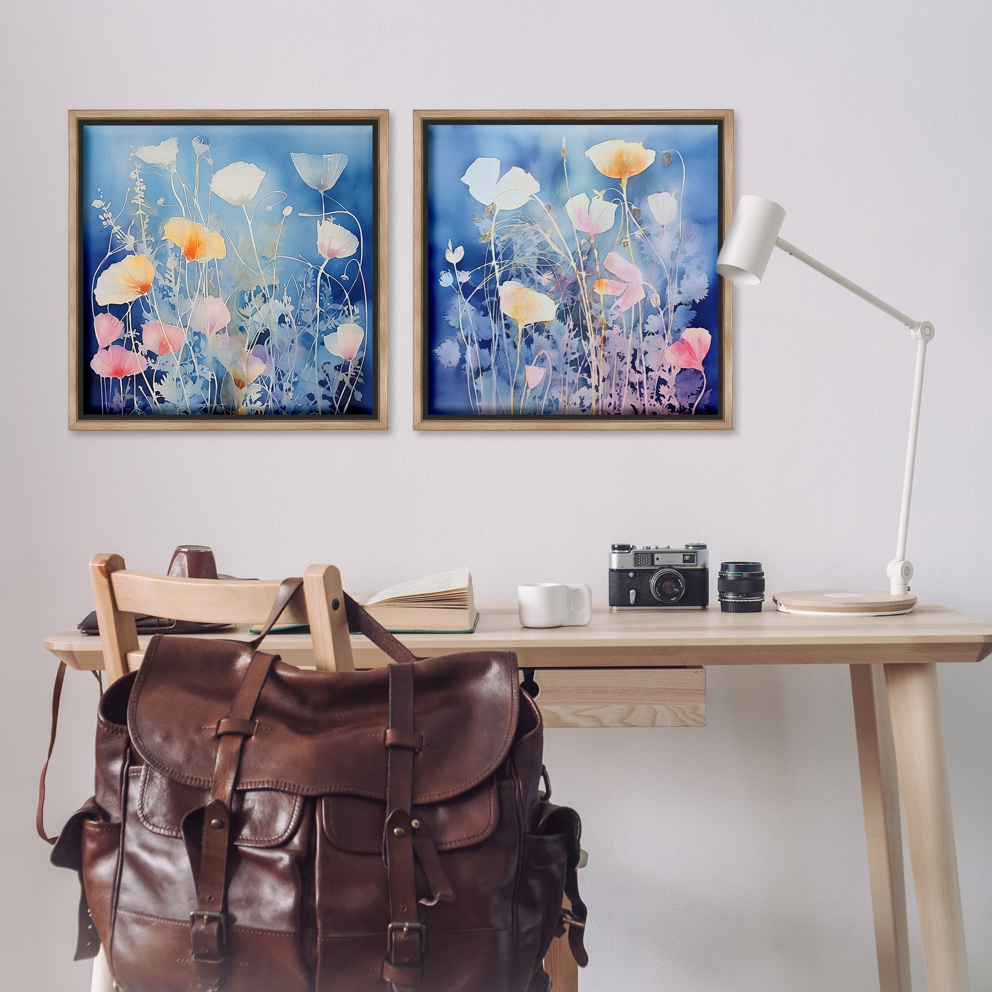 Stupell Industries Abstract Poppies on Blue Botanical & Floral Painting Brown Floater Framed Canvas Art Print Wall Art, 25 x 25, Set of 2