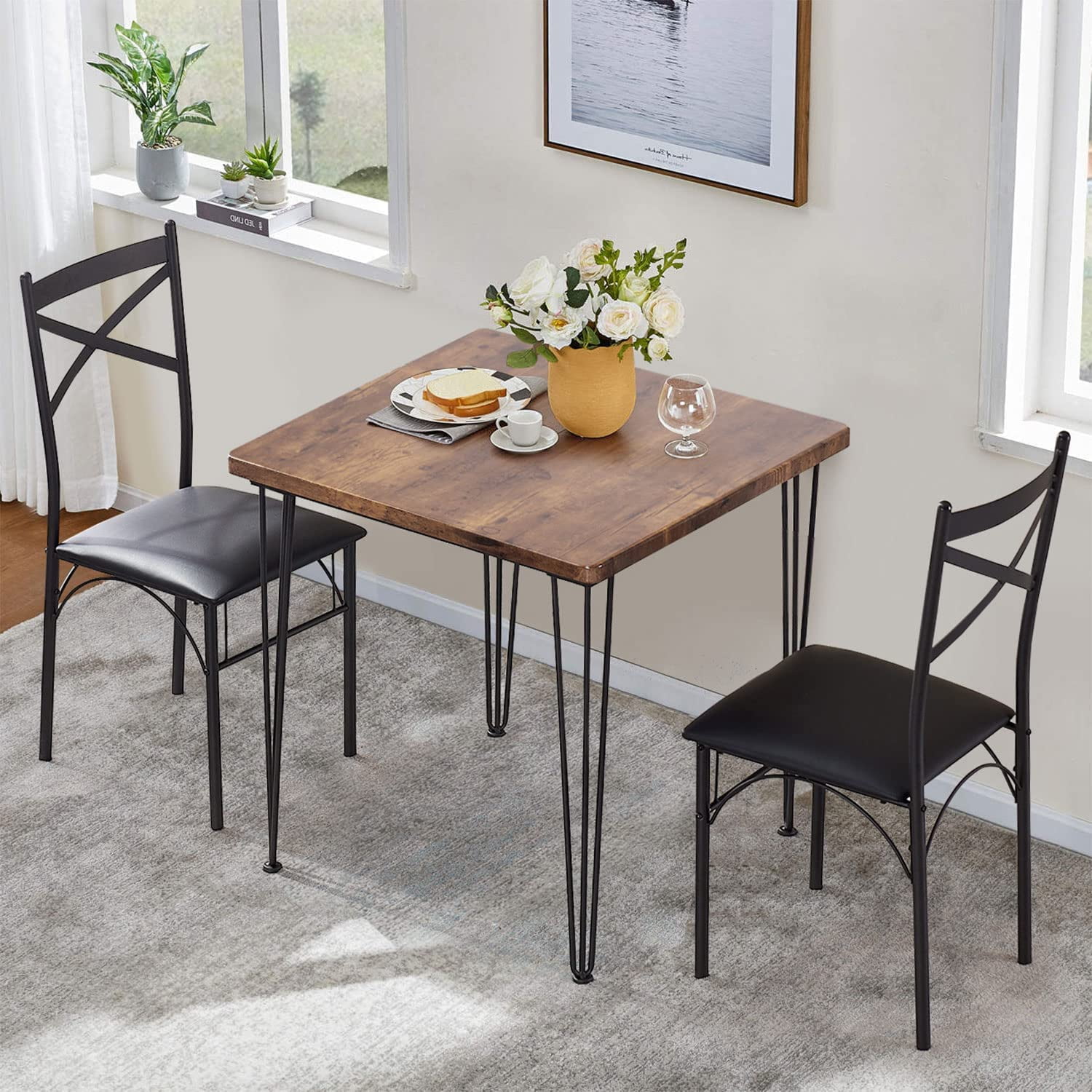 ZXNYH Modern Industrial Style 3-Piece Room Kitchen Pu Cushion Chair Sets for Small Space, Dining ...