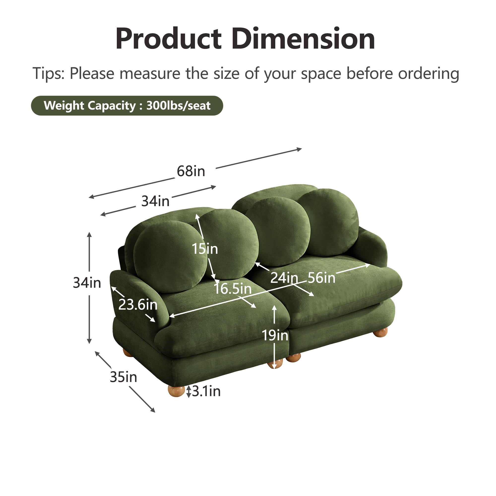 68" 2 Seater Comfy Chenille Modular Sectional Sofa Couch with 4 Throw Pillows