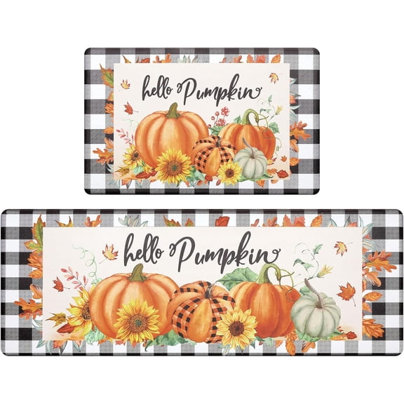 Pumpkin Kitchen Rugs Set of 2, Farmhouse Buffalo Plaid Fall Kitchen Floor Mat, Non Slip Anti Fatigue Kitchen Mats for Floor, Cushioned Kitchen Runner Rug Set Fall Autumn Thanksgiving Decor