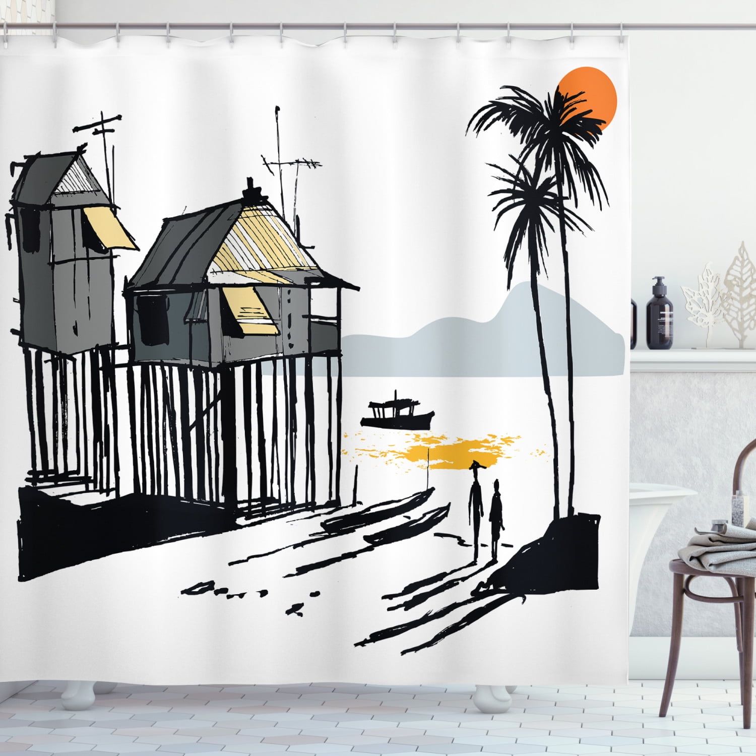 Coastal Shower Curtain, Sketchy Fishing Village Malay in Singapore with Houses Canoe Palms Sun