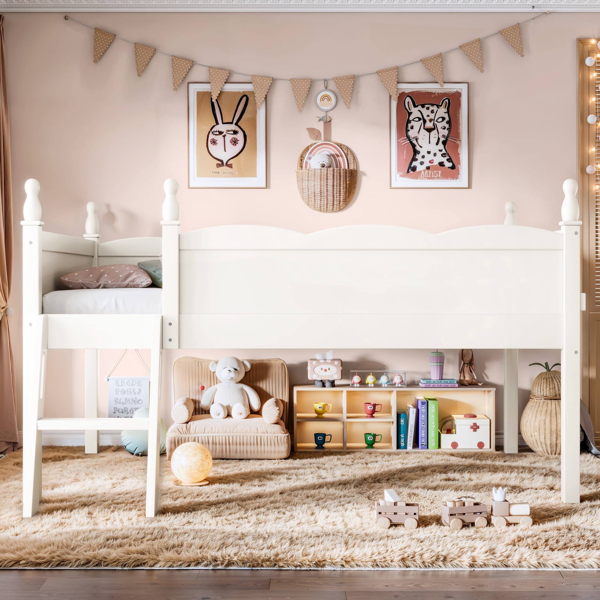 Safe Twin Size Low Loft Bed with Full-Length Guardrails and Bookshelf, Solid Wood Bed with Ladder for Kids and Teens, Beige