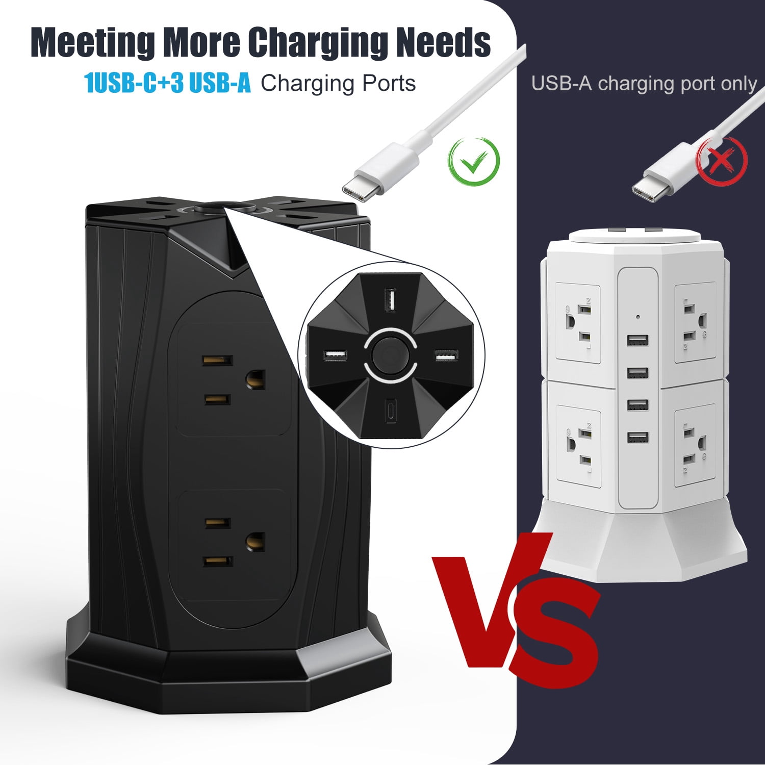 Tower Power Strip with Surge Protection,  8 AC Outlets + 3 USB +Type-C Ports, 6.5Ft Extension Cord