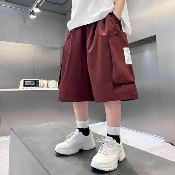 SGFCWSX Boys Cargo Shorts Loose Fit Elastic Waist Cotton with Large Patch Pocket Summer Casual Shorts for Teens Wine Size 15-16 Years
