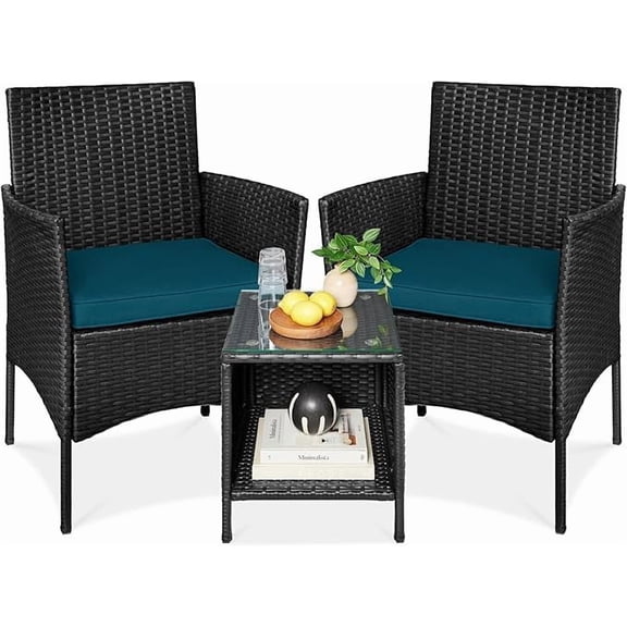 3 Piece Patio Bistro Set, Outdoor PE Rattan Wicker Furniture Set with 2 Chairs and Glass Top Coffee Table, Small Porch Furniture Conversation Set with Cushions for Balcony, Yard, Garden