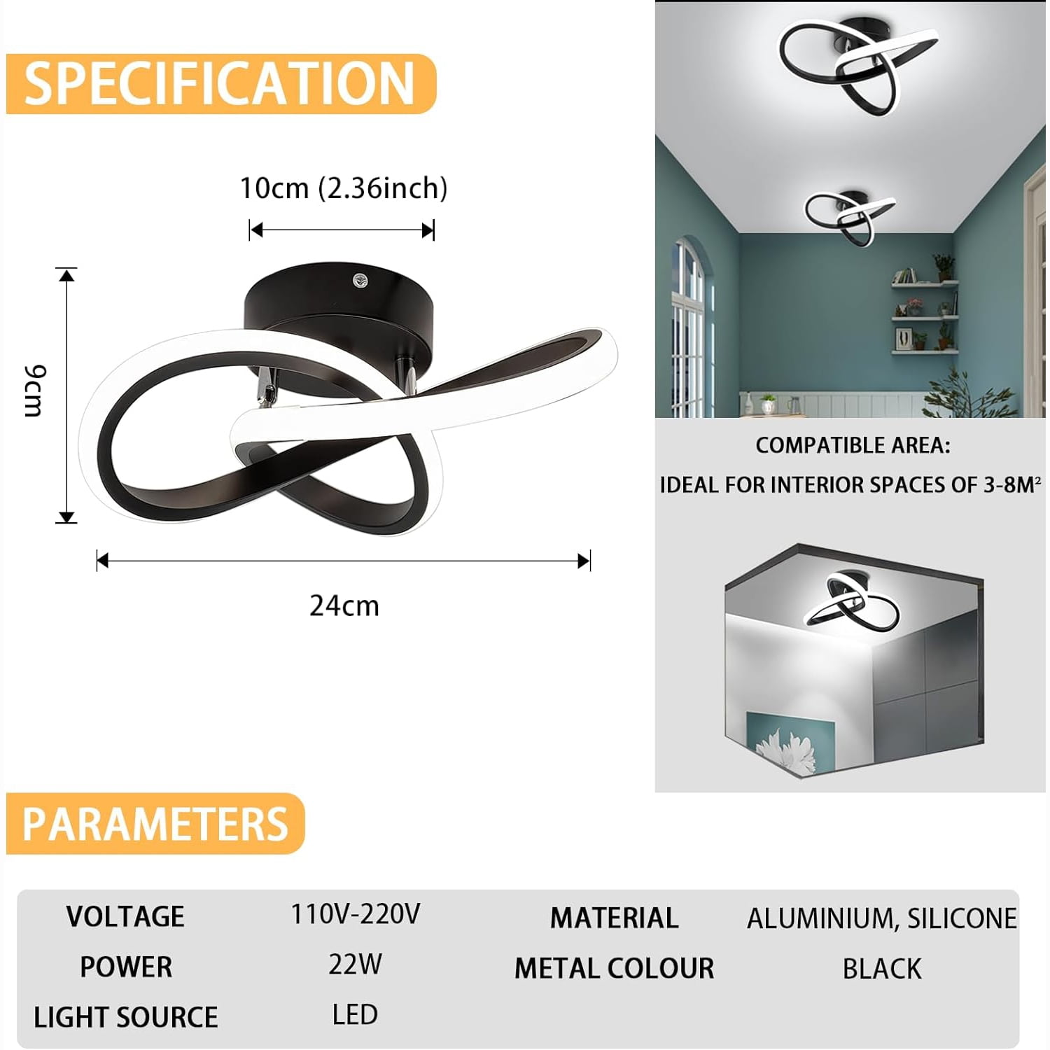 Senhu Modern LED Ceiling Light 22W 6000K White Light Black Finish Electric Powered LED Ceiling Lamp in Flower Shape for Bedroom Corridor Balcony