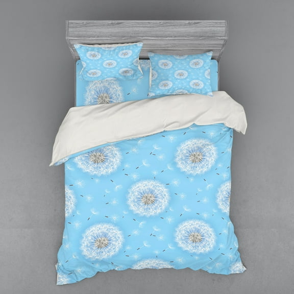 Ambesonne Floral Bedding Set 4 Pcs, Spring Romantic Design, Queen, Sky Blue White
