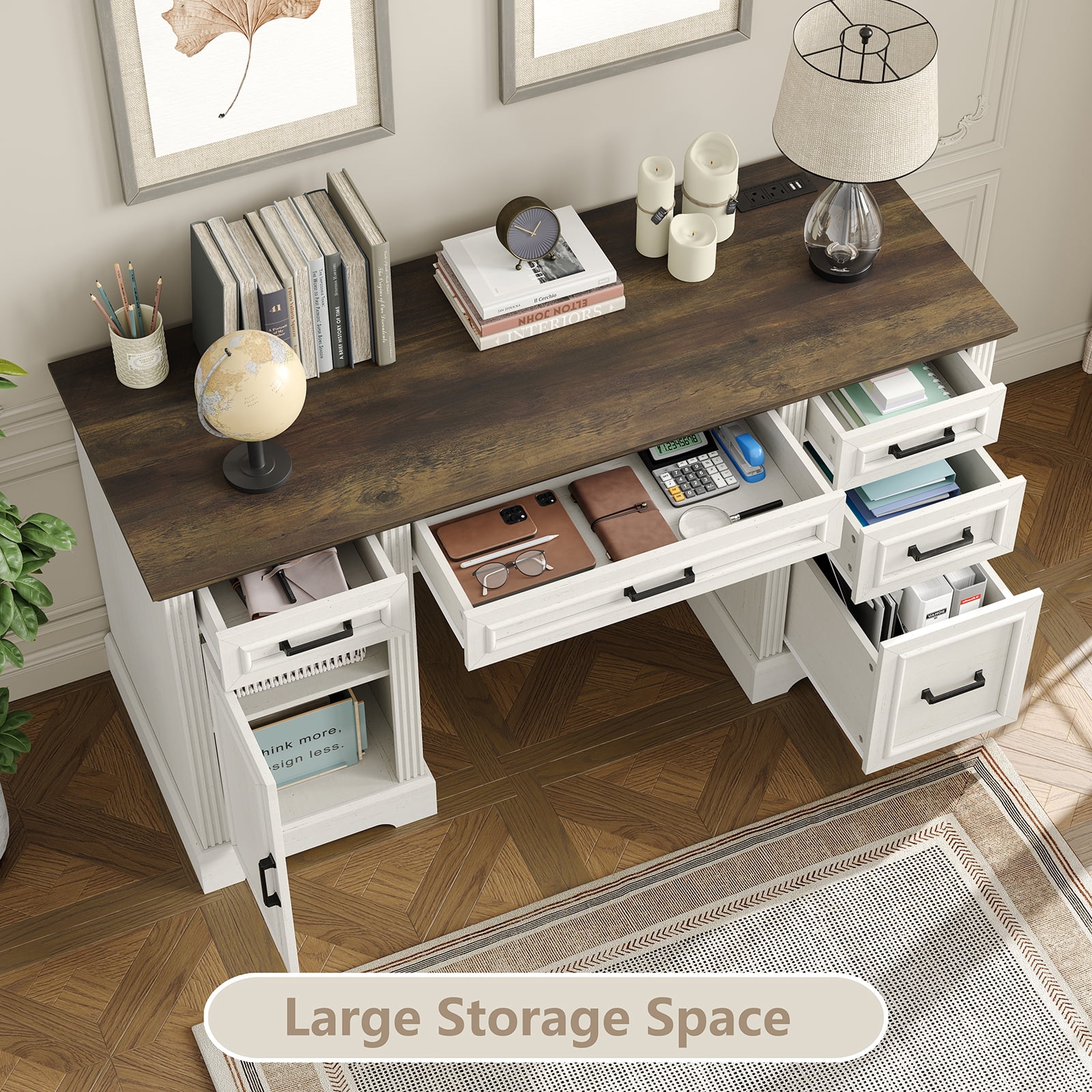 Furnihold 58"W Executive Desk with Outlet and 5 Drawers, Farmhouse Computer Desk, Off White Wooden Home Office Desk, Workspace for Work Study Writing, Brown Tabletop
