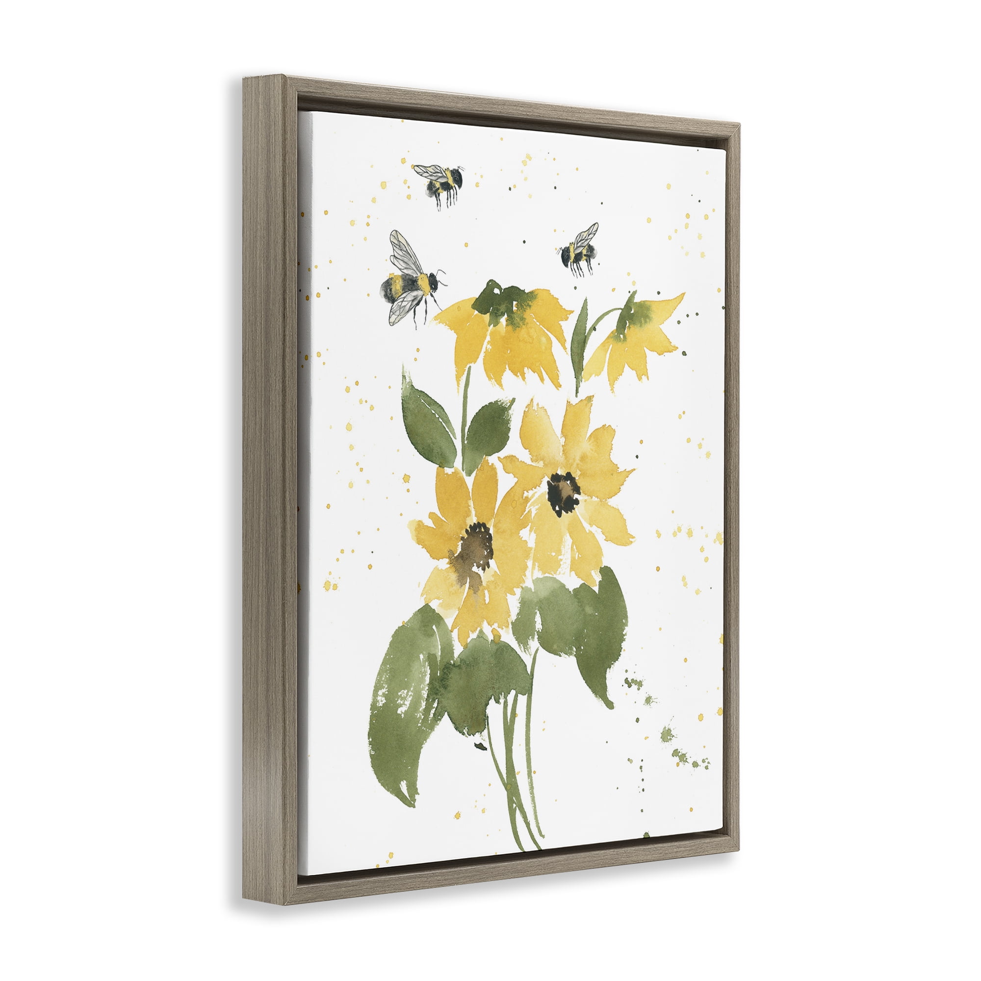 Stupell Industries Bumble Bees & Daisies Botanical & Floral Painting Brown Floater Framed Art Print Wall Art, 25 x 31