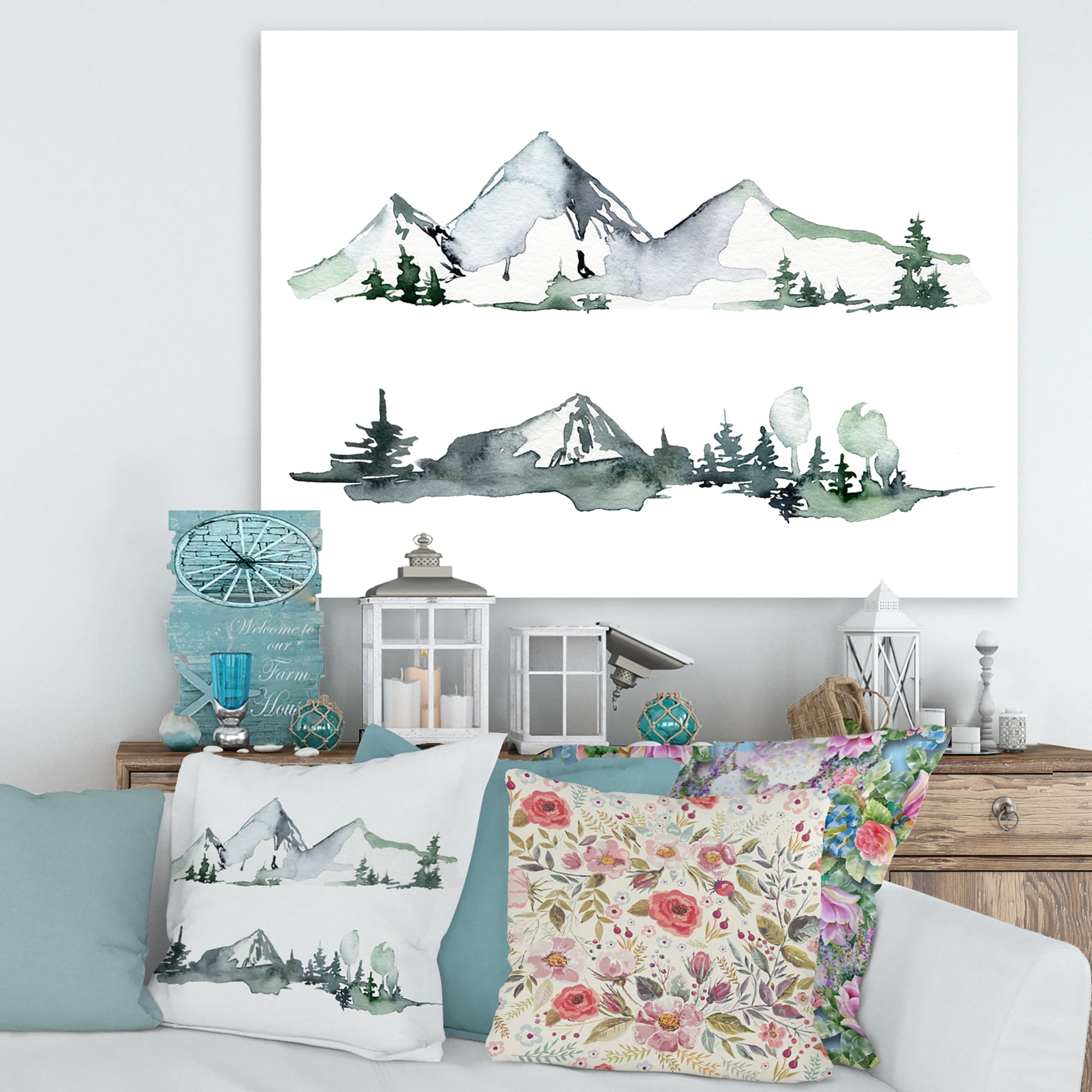 Designart ' Trees With Winter Dark Blue Mountain Landscape II ' Modern Canvas Wall Art Print