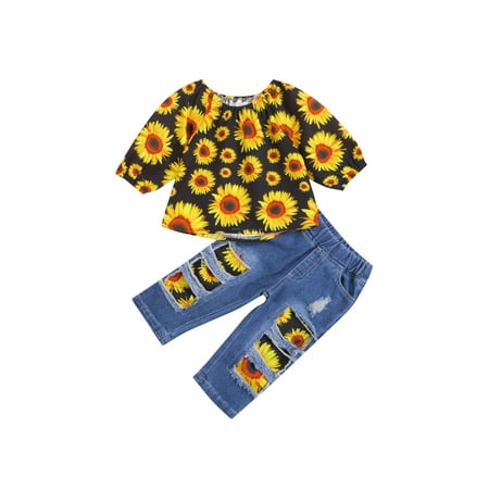 

Girls 2Pcs Fall Outfits Sunflower Print Long Sleeve T-Shirts Tops Denim Pants