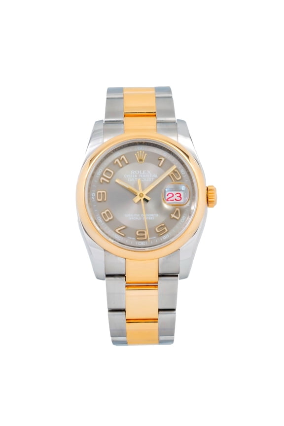 Pre-Owned Rolex Datejust 36MM 116203 Gray Concentric Arabic Dial Smooth Bezel Two Tone Yellow Gold Oyster Bracelet