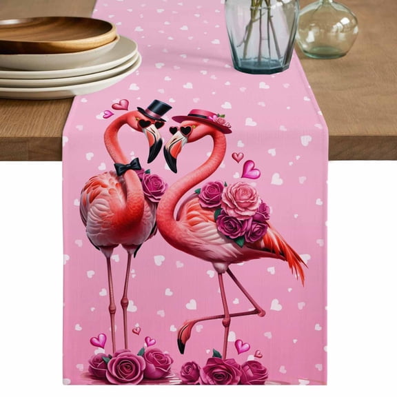 Valentine's Day Table Runner 60 Inches, Flamingos Roses Love Romance Ombre Pink Bed Runner Dresser Scarves Tabletop for Indoor Outdoor Parties/Ceremony/Banquet, 13" x 60"