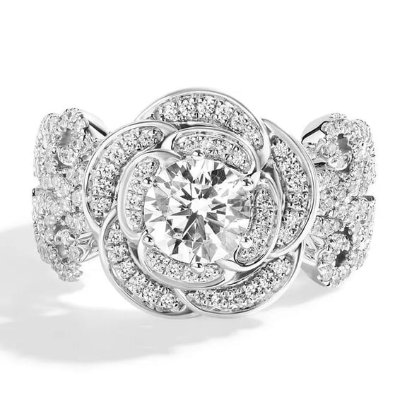 Rose Flower Pave Set Wedding Ring, 2.2 Ct Simulated Round Brilliant Cut Diamond, 14K White Gold Plated, Proposal Anniversary Cocktail Ring For Her Special Occasion, Women's Bithday Gift Ring