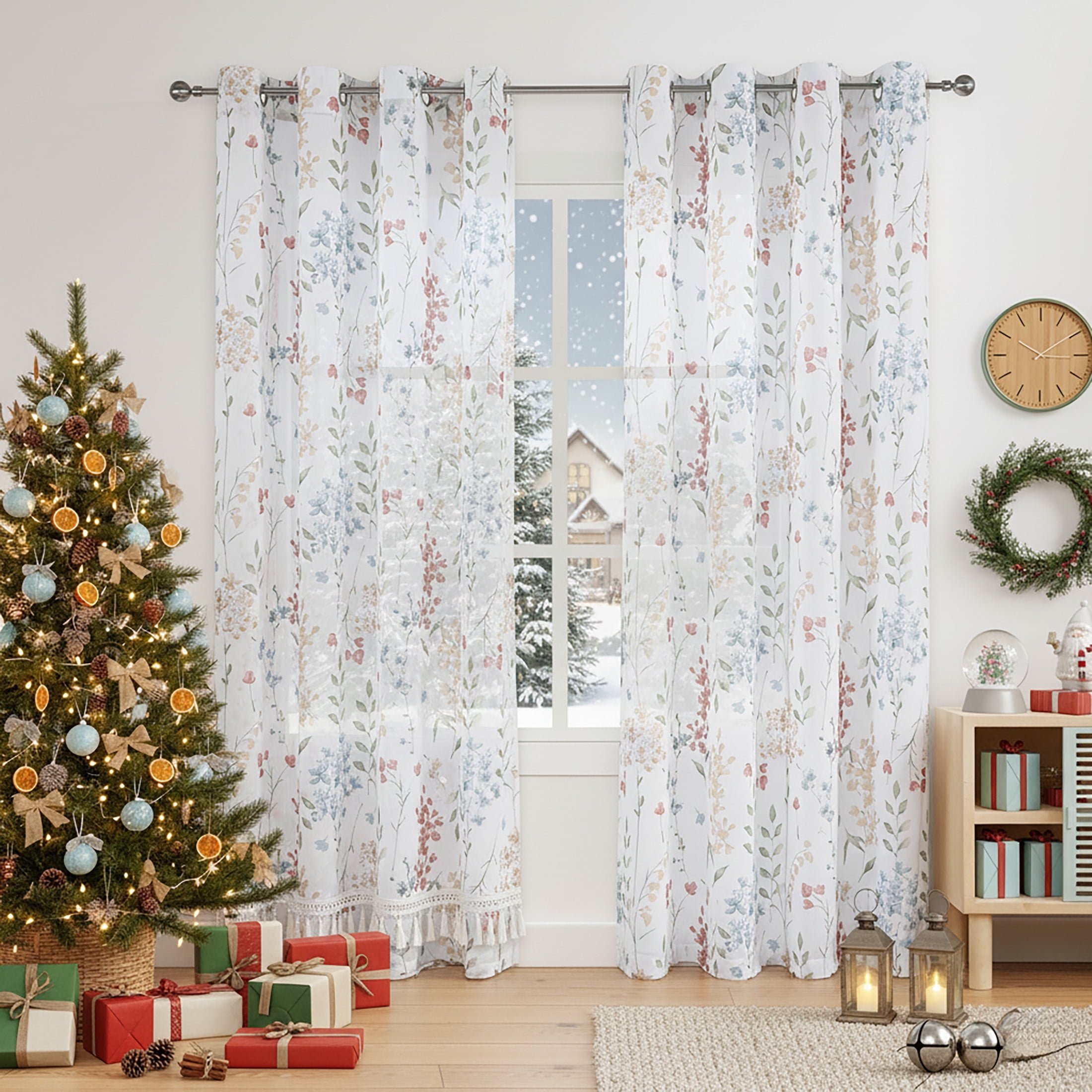 Bohogeo Floral Colorful Botanical Print Living Room Curtain Panels, Watercolor Grommet Farmhouse Red Flower Pattern Window Treatment Drapes for Bedroom, 56" W x 95" L, Multicolor, Set of 2