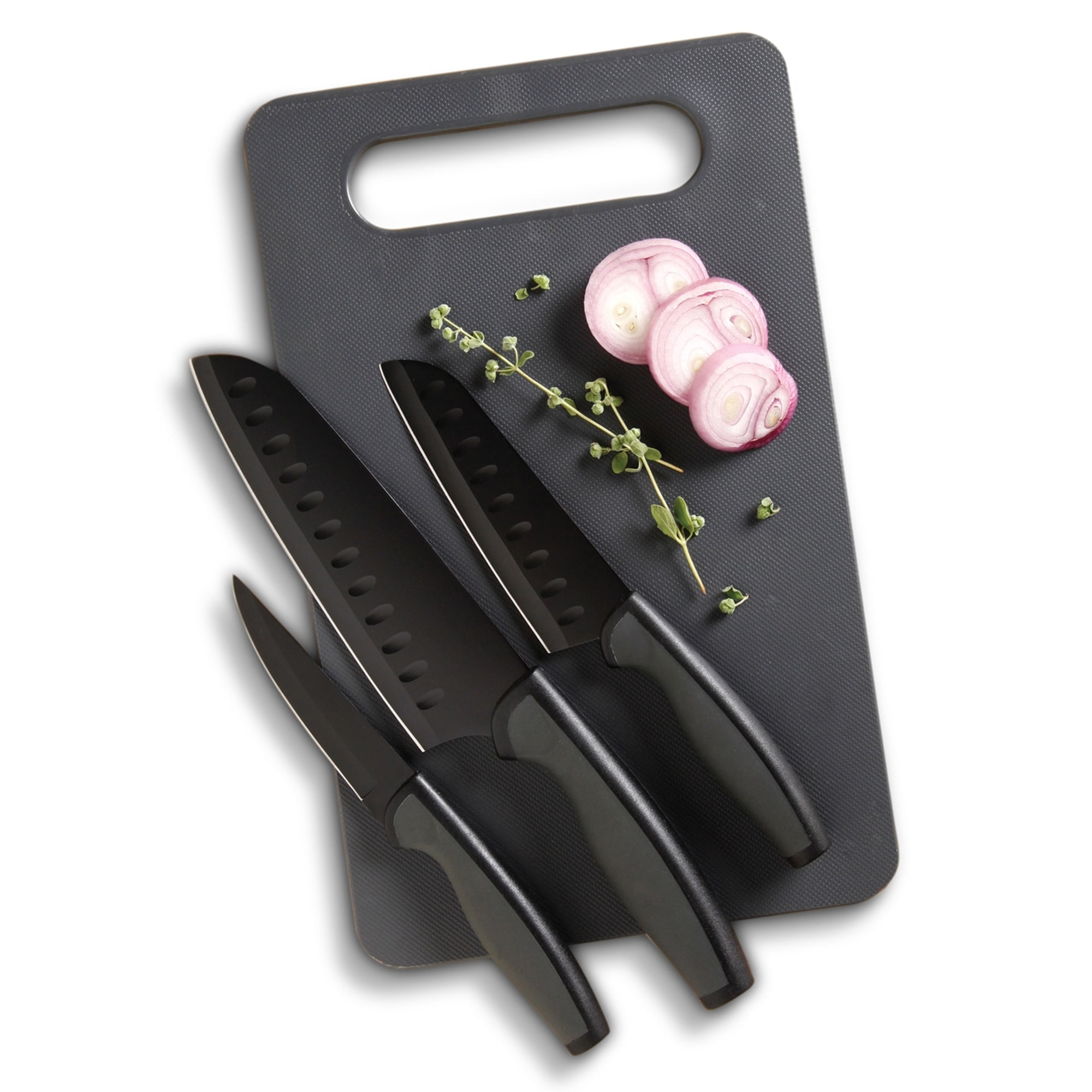 Oster Stainless Steel Knife Set with Cutting Board (4 Pieces), Grey