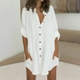 thumbnail image 2 of Ecqkame Womens Cotton Linen Shirt Dresses Button Down 3/4 Sleeve Turndown Collar Dresses Solid Color Casual Work Tunic Dresses with Pockets White XXXXXL, 2 of 5