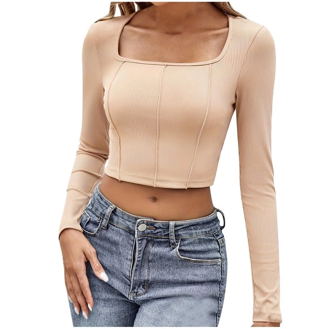 MeetoTime Women's Long Sleeve Square Neck Crop Tops Ribbed Slim Casual T-Shirt Going Out Tees