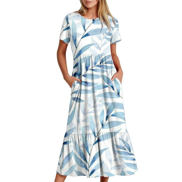 Vestido de Manga Corta para Mujeres Vestido de Verano de Cuello Redondo Impreso, Poliéster de Tamaño Verdadero Diario Y Vestido de Fiesta