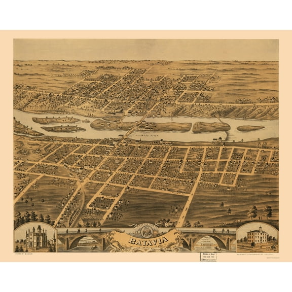 Historic Panoramic View - Batavia Illinois - Ruger 1869 - 23 x 28.86 - Vintage Wall Art