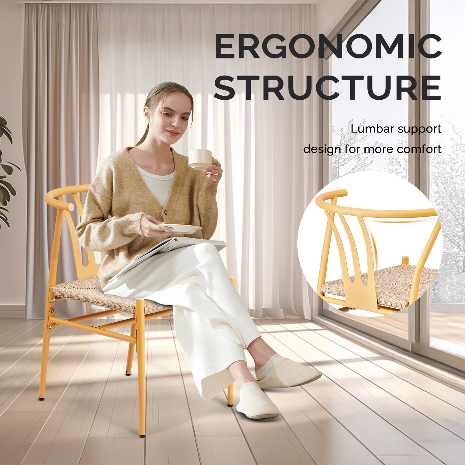 4PCS Weave Dining Chair, Mid-Century Modern Metal Rattan Chair for Kitchen Dining Living Room, Wood Color