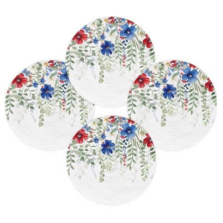 4th of July Round Placemats Set of 4 Red Blue Floral Place Mats Independence Day Woven Placemat Eucalyptus Leaf Branch Circle Braided Table Mat for Kitchen Dining Table Party Home Decor 15 Inch