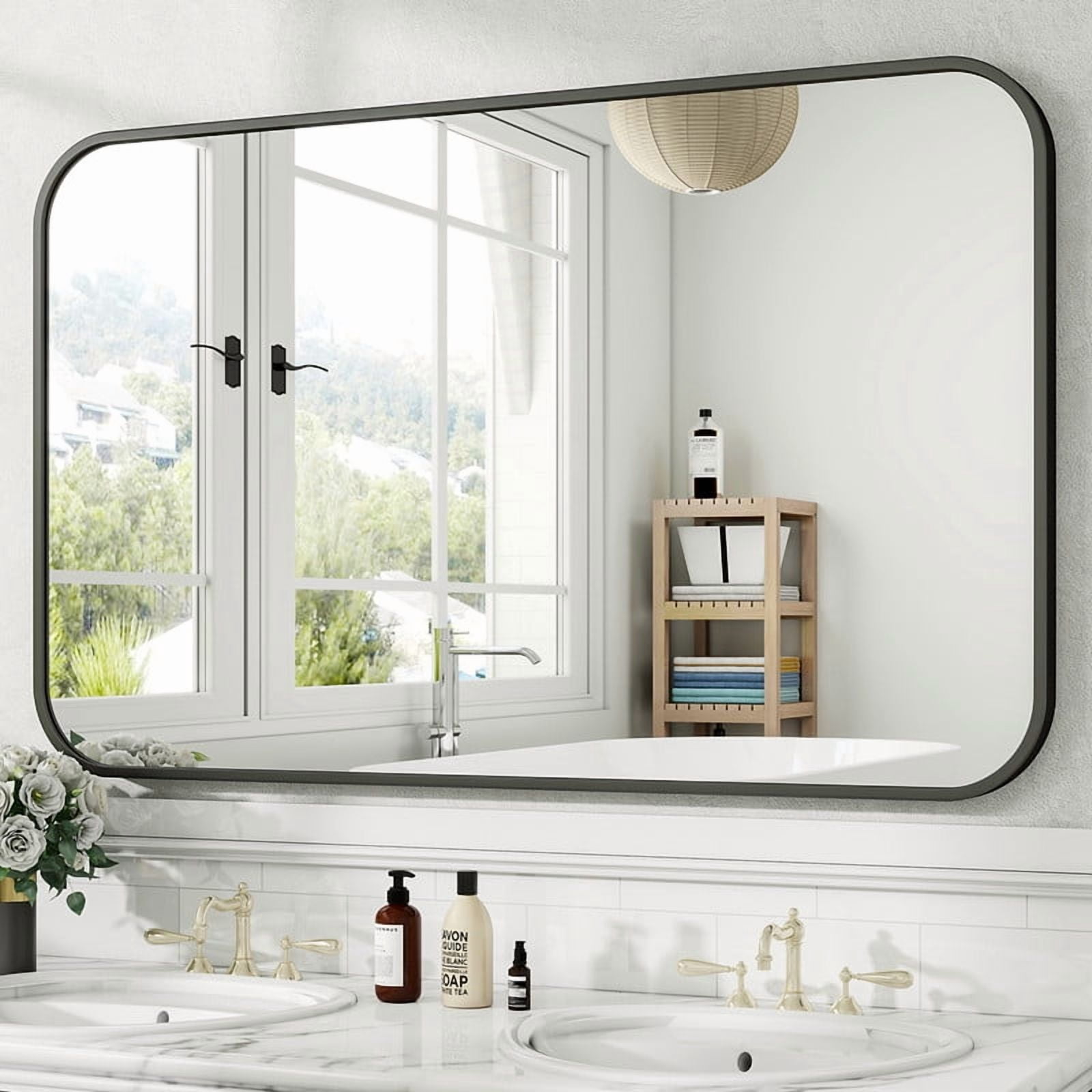 Easy4Home 48"x30" Rectangular Bathroom Mirror Hanging Rounded Corners Vanity Mirror Wall Mounted, Black