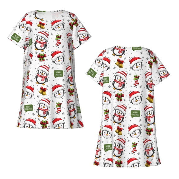 Horeoi Cute Christmas Hat Penguin A Print Women's Short-sleeved Nightdress Breathable Cotton-like Material Loose A-line Knee-length