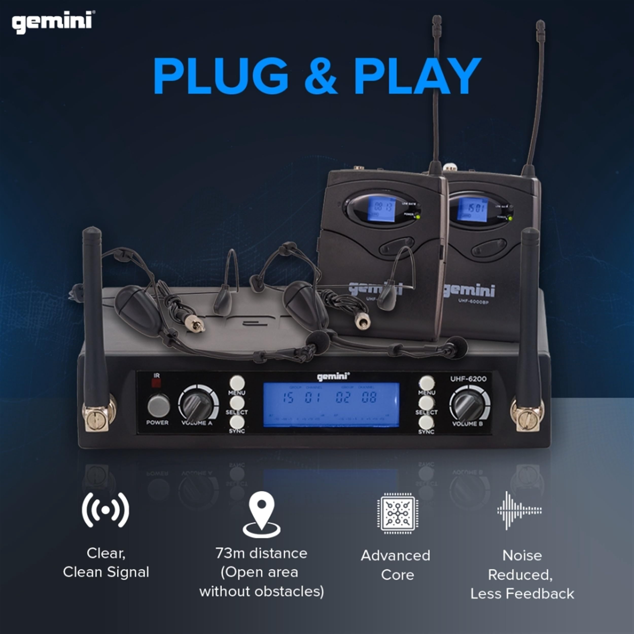 Gemini, 1 Wireless Lavalier Microphone System, UHF Single Channel Receiver Noise-Free, 240 Ft. Audio Range, 512.0-537.5 Mhz, Ultralight, XLR Connector, 2 Headset (UHF-6200HL-R2)