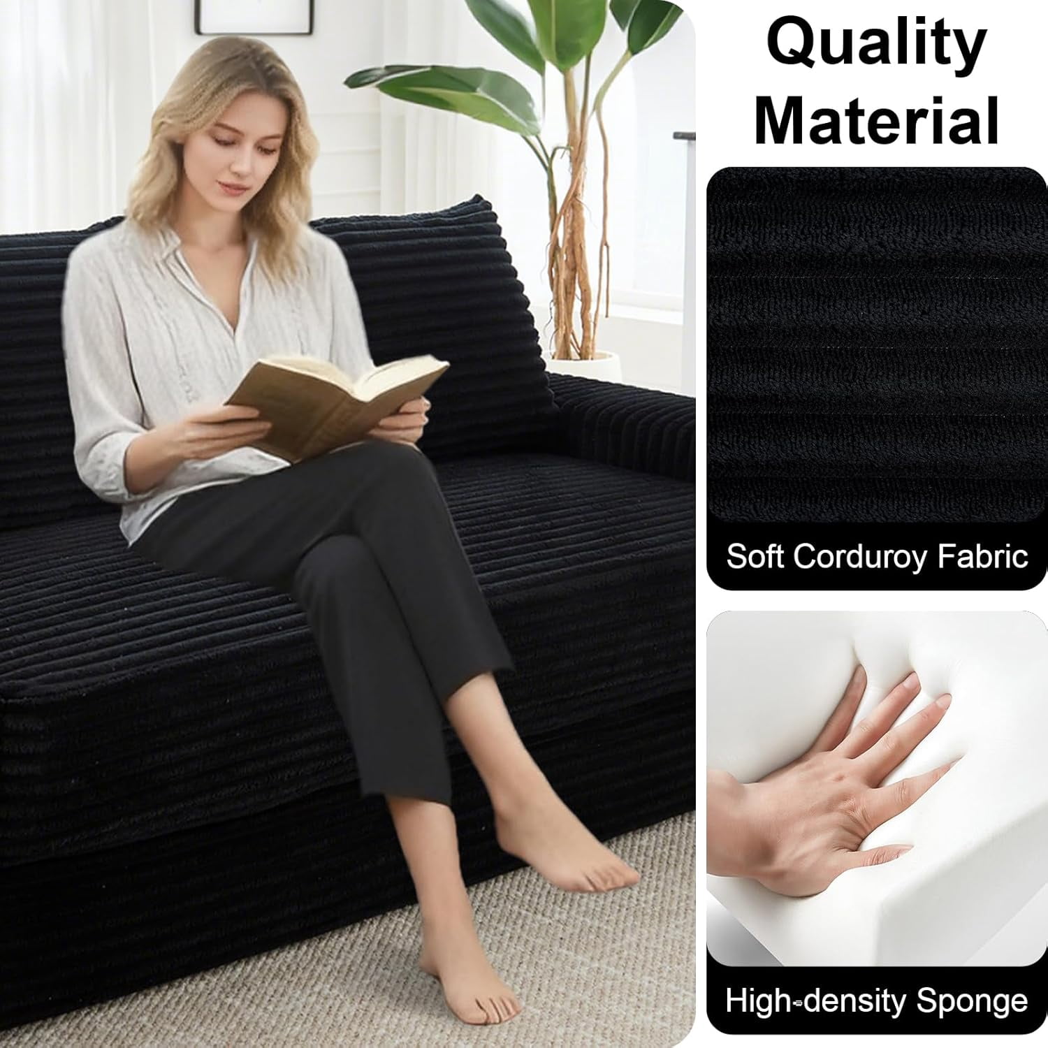 Howcool 71" Boneless Loveseat Sleeper Sofa,2 in 1 Pull Out Convertible Corduroy Floor Couch with Side Storage Pockets & 2 Throw Pillows,Foldable Guest Couch for Living Room,No Assembly Required,Black