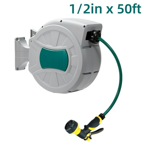 Retractable Hose Reel 50/65/82/100 ft x 1/2 inch, 180° Swivel Bracket Wall-Mounted, Garden Water Hose Reel with Nozzle, Automatic Rewind, Lock at Any Length, and Slow Return System
