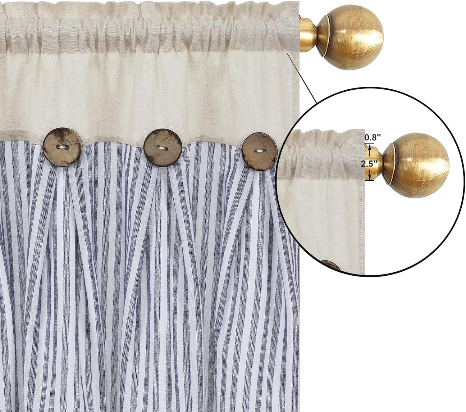 Cotton Linen Farmhouse Kitchen Curtains 24 Inch Boho Rustic Button Tier Curtains Natural/Blue Stripe Color Block Curtain Rod Pocket Small Window Curtain for Cafe Bathroom Bedroom Drapes