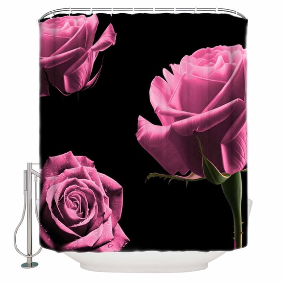Pink Rose Bathroom Shower Curtains with 12 Hooks Polyester Waterproof Shower Curtain for Stalls and Bathtubs Vintage Abstract Garden Flower Floral Black Decorative Bathroom Curtain 48x72 Inches