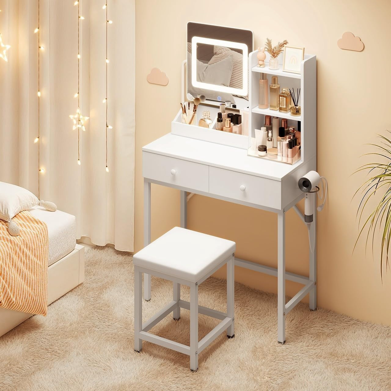 Makeup Vanity Desk with LED Mirror, 31.5” Vanity Table with 2 Drawers & Storage Shelves, White