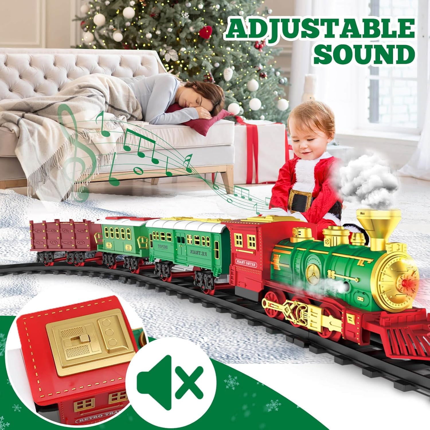 TYMZDYN Electric Train Set with Smoke and Light for Toddlers Age 3 4 5 Year Old: Christmas Train Sets for Around The Tree with Adjustable Sound and Music Christmas Birthday Gift for Kids Age 6 7 8+