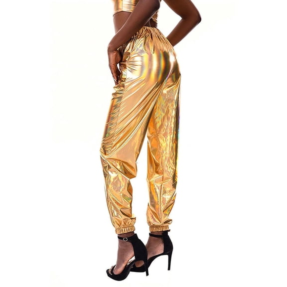 FELTECHELECTR Sparkly Pants Golden Hip Hop Loose Long Trousers for Women Party Wear 1Pack