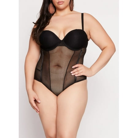 Womens Plus Size Patterned Lace Detail Bustier Bodysuit