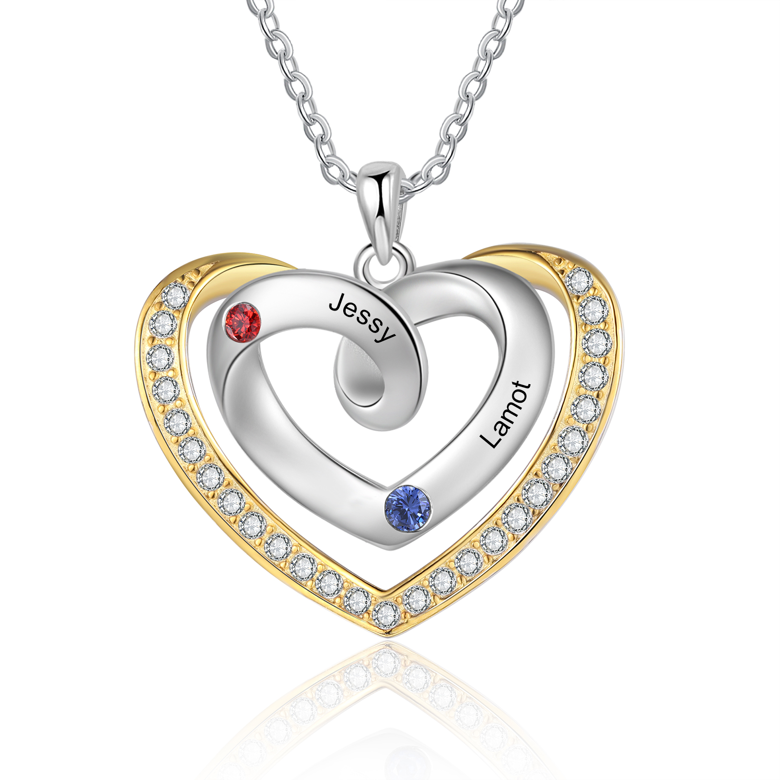 Mementos Personalized Rhodium Plated Brass Family Necklace for Women(Mom) with 2 Birthstones Names