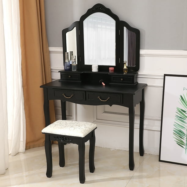 Zimtown Tri Folding Mirror Wood Vanity, Wooden Vanity Table With Mirror